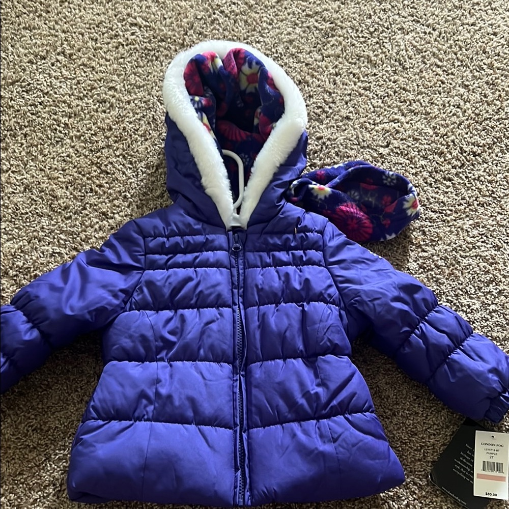 London Fog Purple Puffer Jacket with Floral Lining